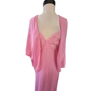 Vintage Glydons Women's Pink Floral Lace Lingerie Nightgown Robe 2Pec Set Size M